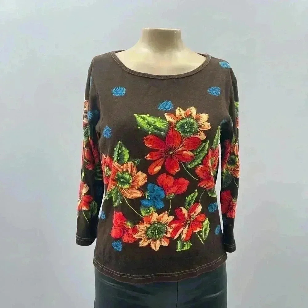 Vintage Y2K Top Size M Take Two Floral Beaded 3/4 Sleeve Short Boho Whimsy